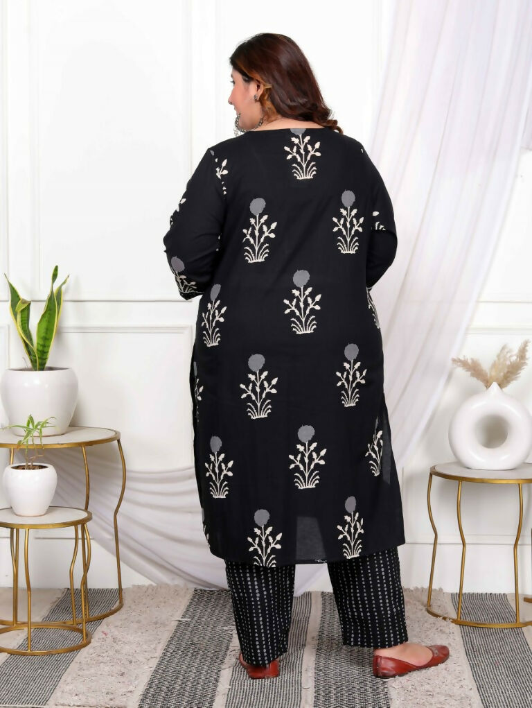 Miravan Women's Plus Size Cotton Gota Patti Black Floral Printed Straight Kurta Palazzo With Dupatta Set