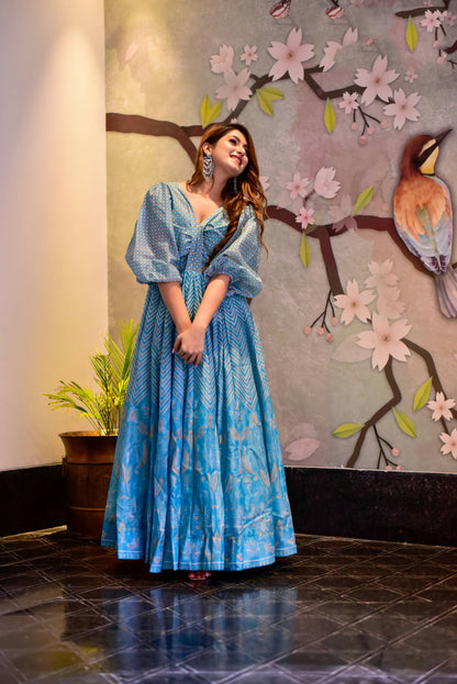 Casual Designer Sky Cotton Silk Gown - Anbazaar
