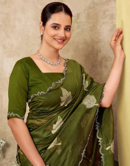 Joban Fashion Olive Green & Golden Silk Blend Embroidery Saree