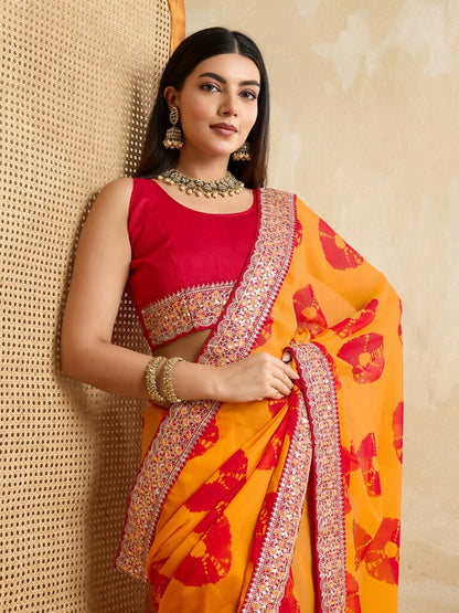 Yellow Georgette Printed Designer, Embroidery Work Lace Border Saree - Aarvi
