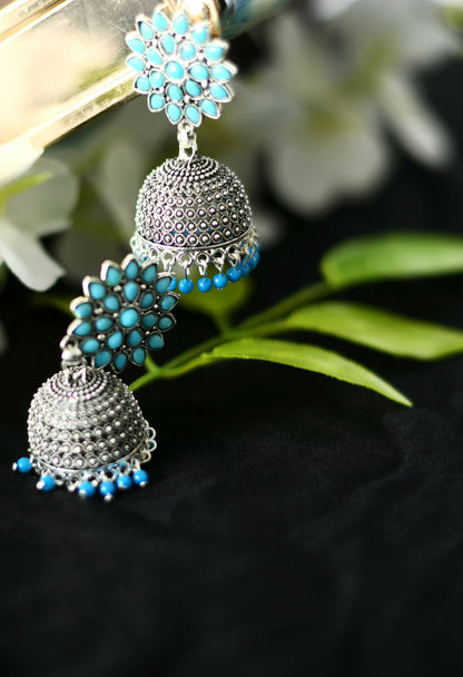Mominos Fashion Joharkamal Kundan work Jhumka with Sky Blue Beads