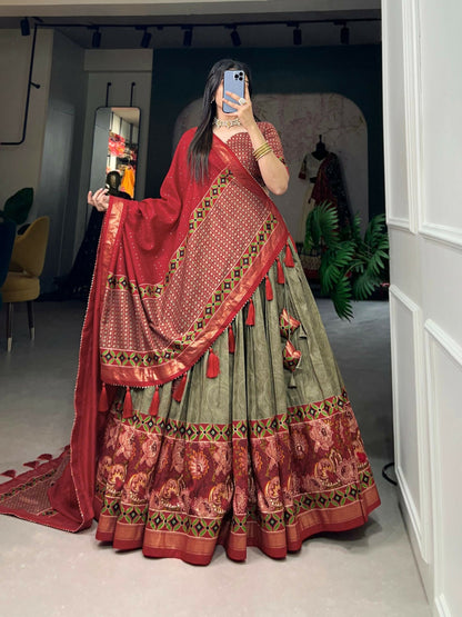 Vastranavya Floral Print With Foil Print Tussar Silk Lehenga with Unstitched Blouse - Mehendi