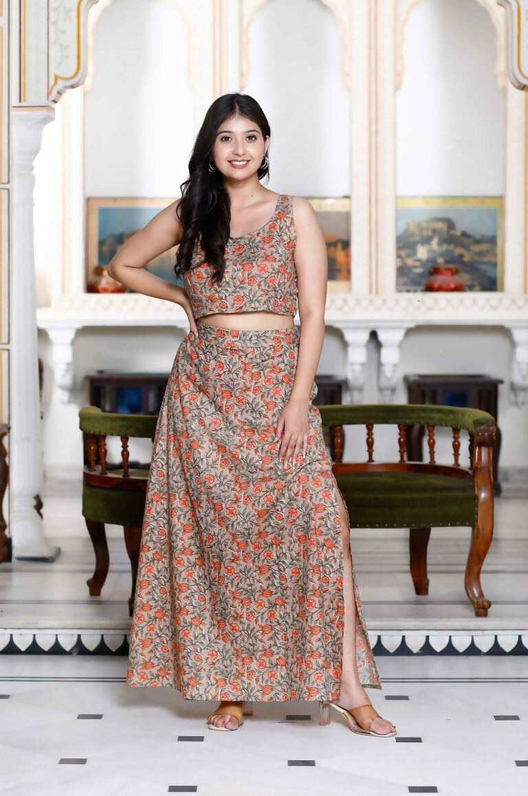 Miravan Women's Brown Floral Printed Crop Top And Skirt Co-Ord Set