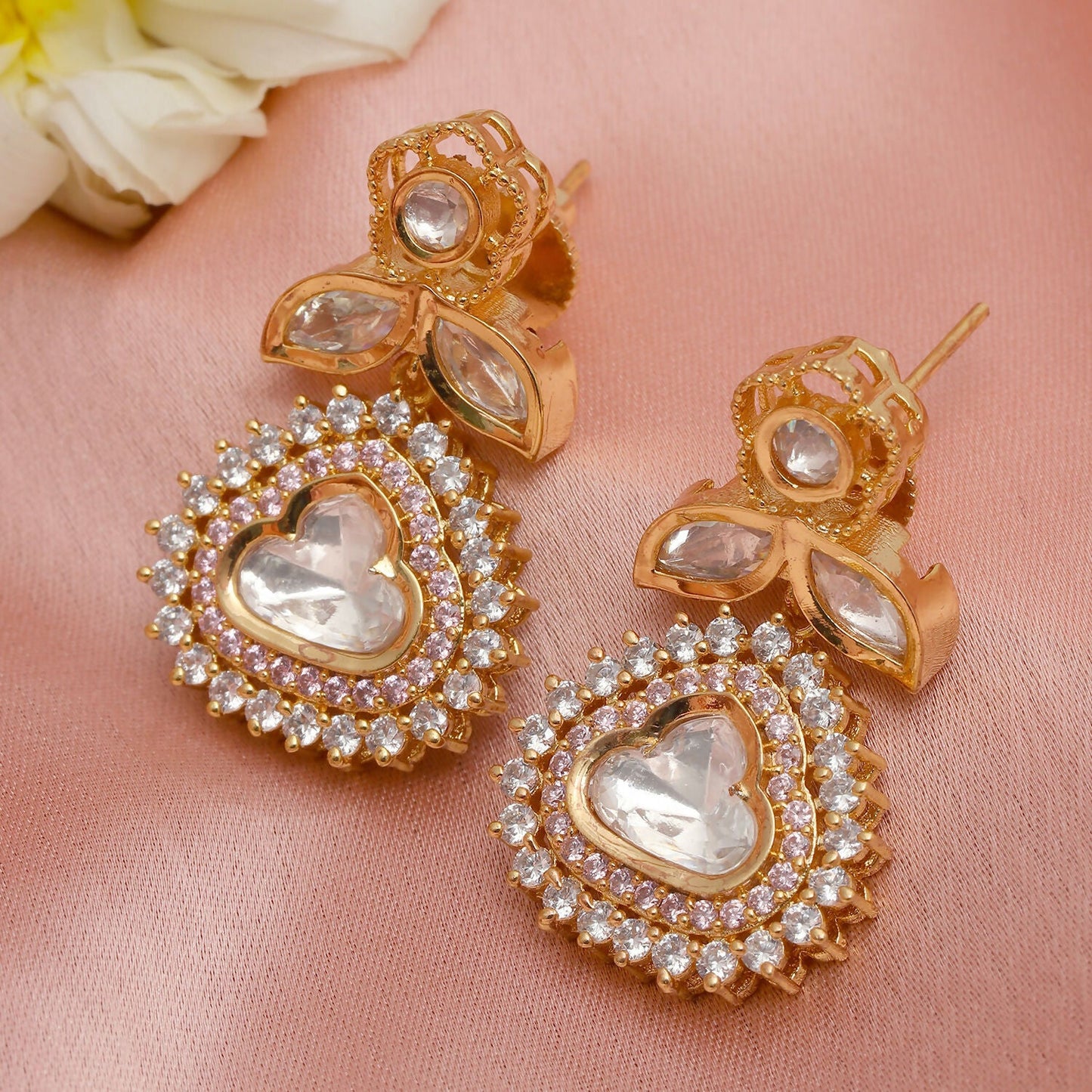 Kundan and Diamond with Pink Stones Dangler Earrings (Gold) - Ruby Raang