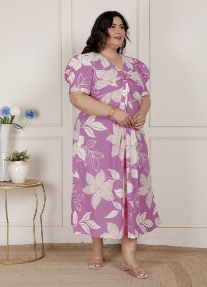 Miravan Womens Plus Size Pink Floral Print Puff Sleeve Pure Cotton Fit Flare Butterfly Maxi Dress