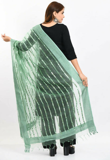 Mominos Fashion Moeza Women's Orgenza Mirror Stripe Thread Work Pista Green Dupatta