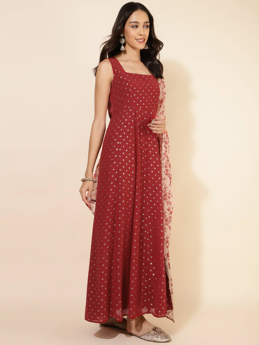 Janasya Women's Red Georgette Foil Printed Festive Anarkali Kurta Set