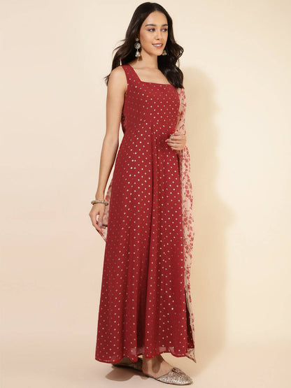 Janasya Women's Red Georgette Foil Printed Festive Anarkali Kurta Set