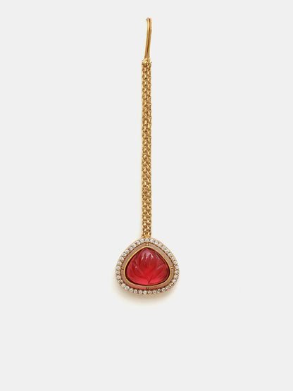 Ruby Raang Gold Polished Maroon Stone Kundan Maang Tikka