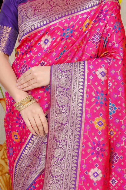 Jyoti Fashion Women's Rani Pink Patola Silk Zari Woven Saree with Blouse