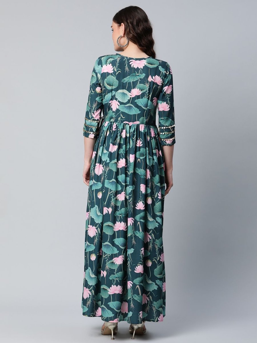Ahalyaa Women Dark Green Crepe Digital Print Dress