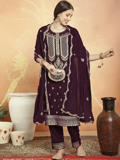 Jyoti Fashion Women's Wine Velvet Cording with Resham Thread & Sequin Kurta with Trouser & Dupatta