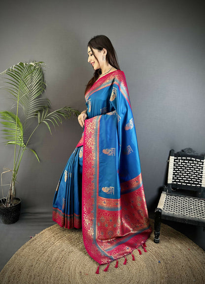 Joban Fashion Royal Blue Banarasi Soft Silk Peacock Butta Work Saree