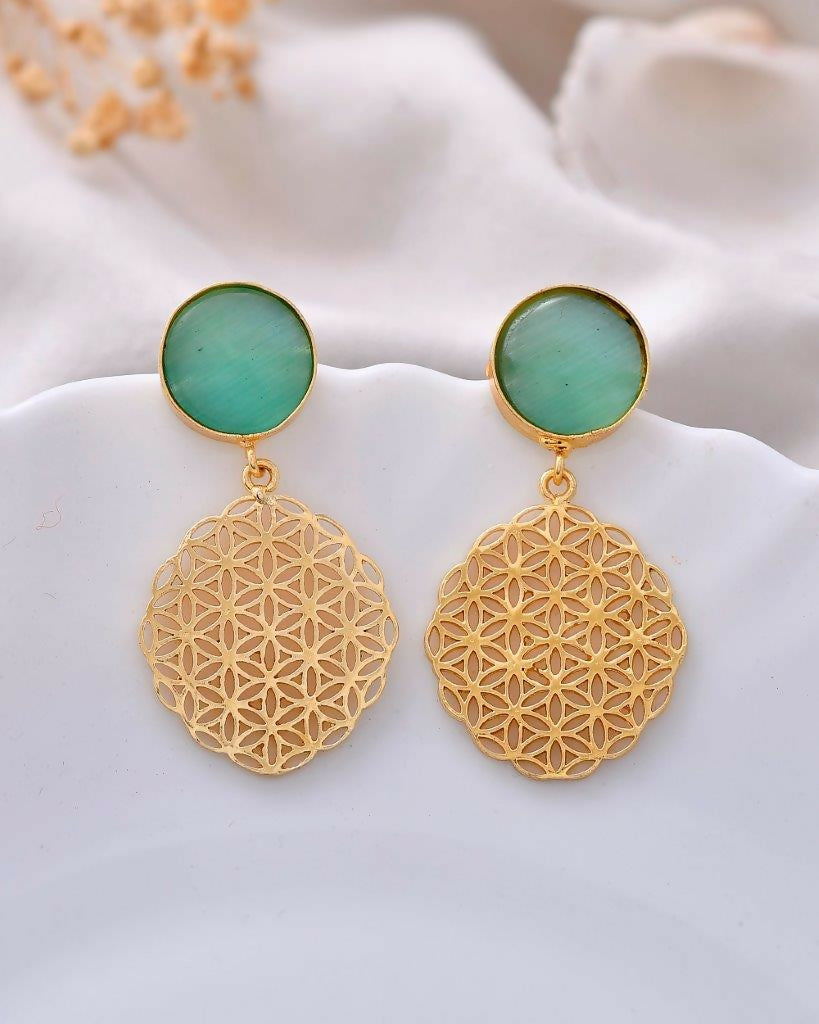 VOJ One Gram Gold-Polished Teal Colored Stone Studded Earrings