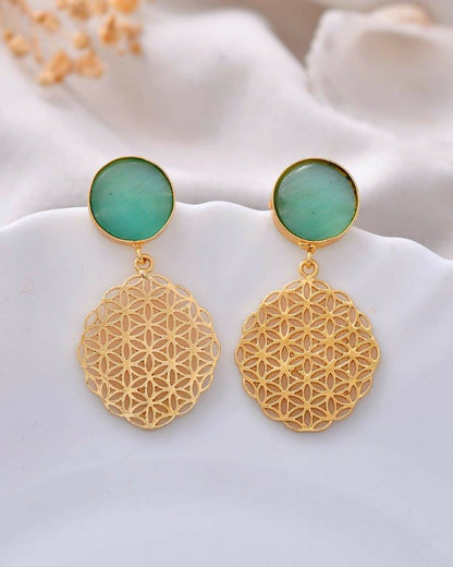 VOJ One Gram Gold-Polished Teal Colored Stone Studded Earrings