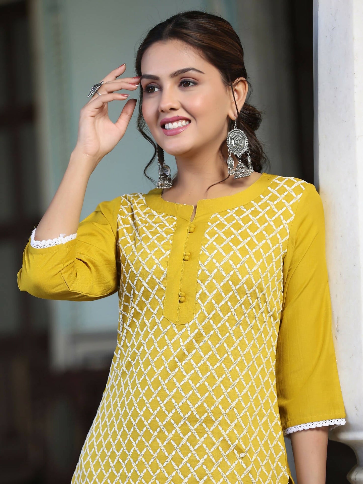 Juniper Women's Mustard Chinnon Embroidered Kurta Garara Set
