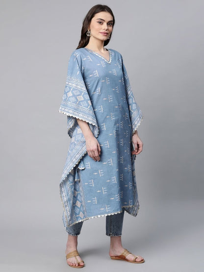 Ahalyaa Beige Pure Cotton Floral Printed Kaftan Kurta