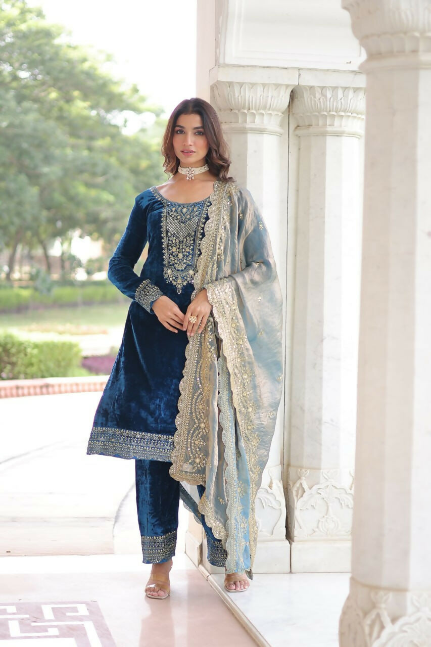 Vastranavya Morpeach Velvet With Rich Sequins & Zari Embroidered Work Top-Bottom With Dupatta