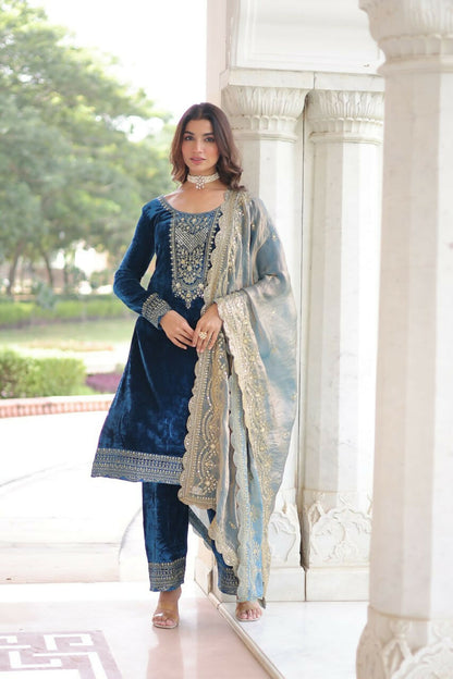Vastranavya Morpeach Velvet With Rich Sequins & Zari Embroidered Work Top-Bottom With Dupatta