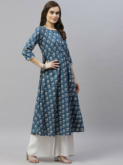 Miravan Women's Cotton Floral Print Anarkali Kurta With Dupatta