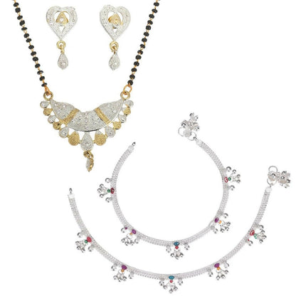 AanyaCentric Gold-Polished Mangalsutra Pendant Earring Set & Silver Plated Anklet