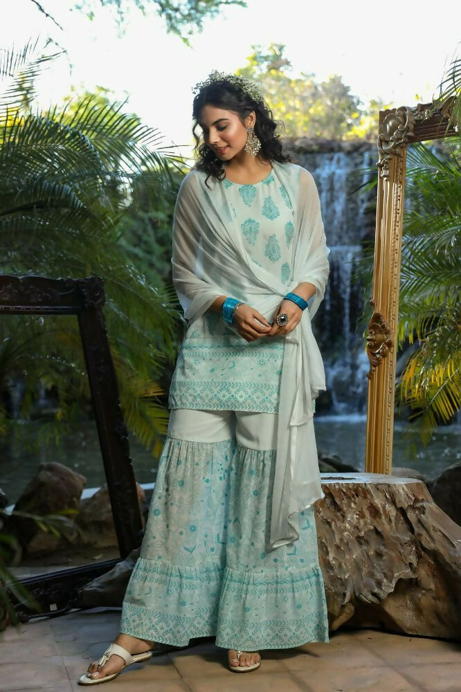 Juniper Blue Ethnic Motif Printed Georgette Kurta Sharara & Chiffon Dupatta Set