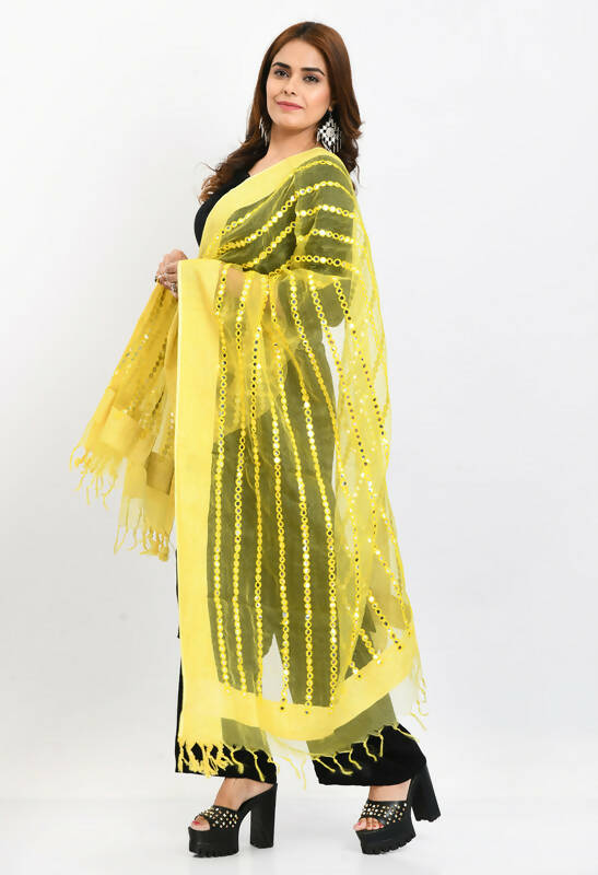 Mominos Fashion Moeza Women's Orgenza Mirror Stripe Thread Work Lemon Yellow Dupatta