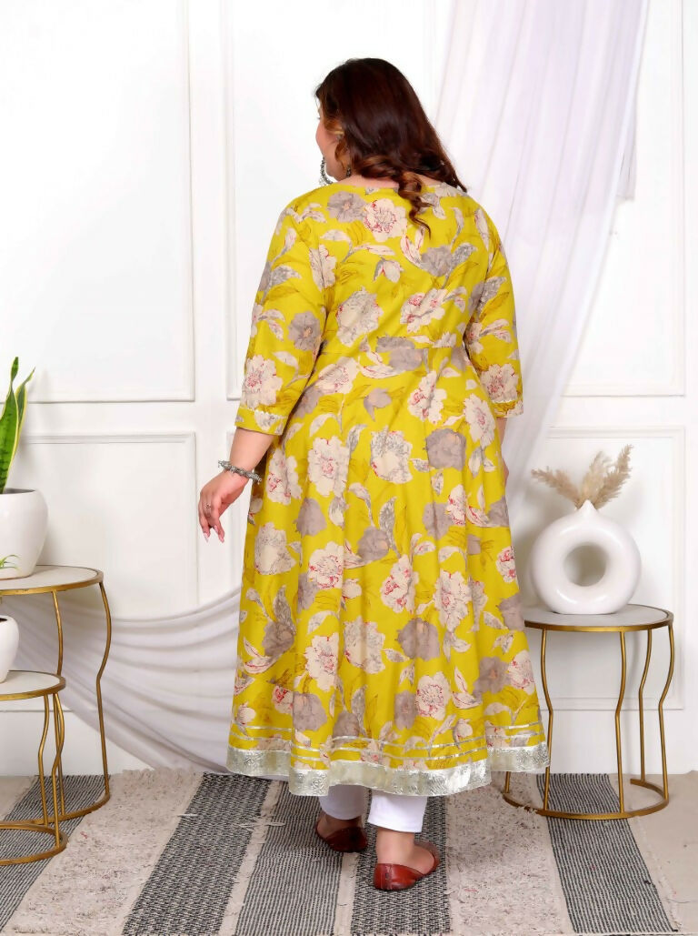 Miravan Women's Plus Size Cotton Gota Patti And Lace Border Details Floral Printed Yellow Anarkali Kurta And Dupatta Set