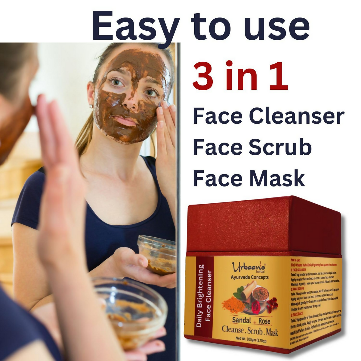 Urbaano Herbal Ayurveda Concepts Face Brightening Cleanser, Scrub, Mask 3-in-1 Instant Glow
