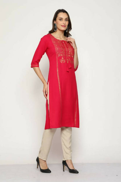 Maai Rayon Hand Printed Kurta Red