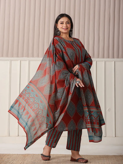 Yufta Maroon Block Print Cotton Lace Work Plus Size Kurta Set With Pant & Dupatta