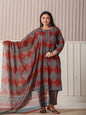 Yufta Maroon Block Print Cotton Lace Work Plus Size Kurta Set With Pant & Dupatta