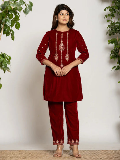 Yufta Maroon Velvet Embroidered Co-Ord Set With Cotton Lining