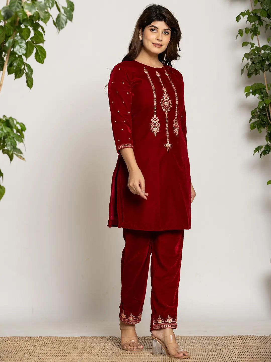 Yufta Maroon Velvet Embroidered Co-Ord Set With Cotton Lining