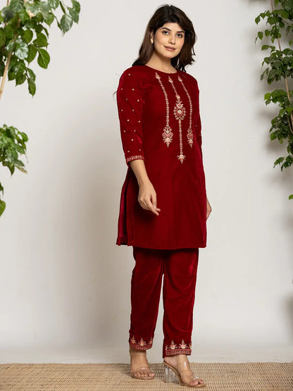 Yufta Maroon Velvet Embroidered Co-Ord Set With Cotton Lining