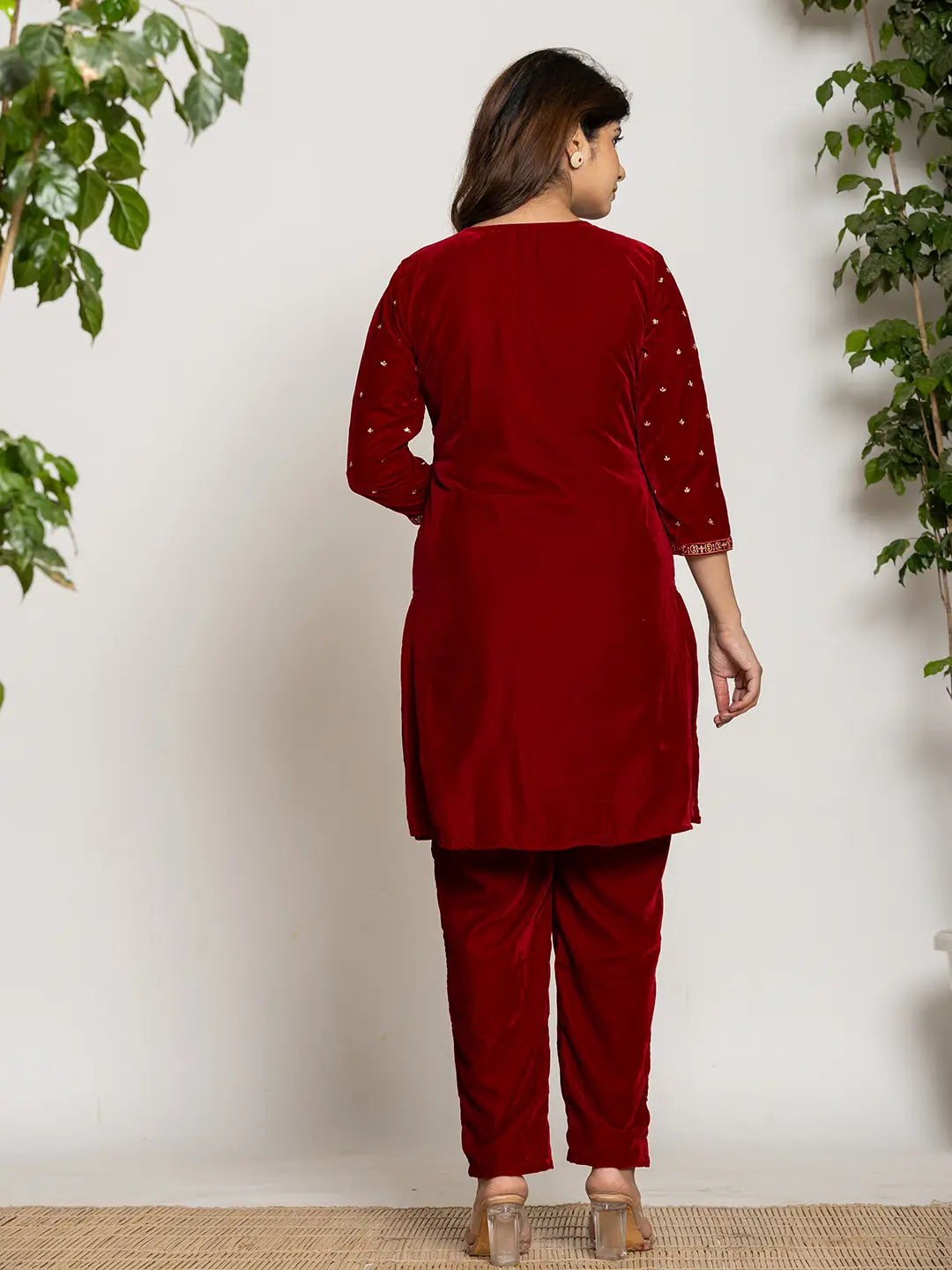 Yufta Maroon Velvet Embroidered Co-Ord Set With Cotton Lining