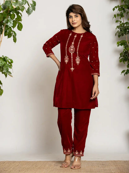 Yufta Maroon Velvet Embroidered Co-Ord Set With Cotton Lining