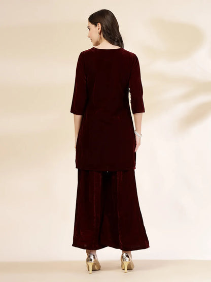 Yufta Maroon Velvet Zari Work CoOrd Set
