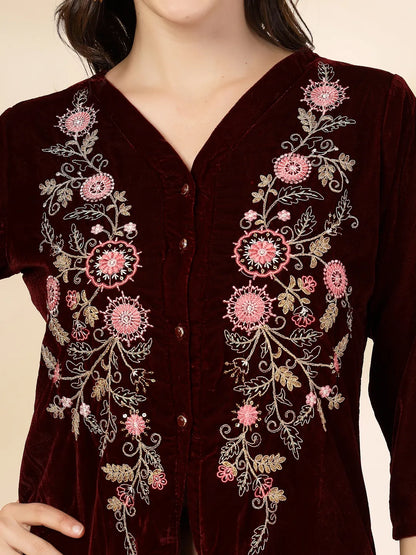 Yufta Maroon Velvet Zari Work CoOrd Set