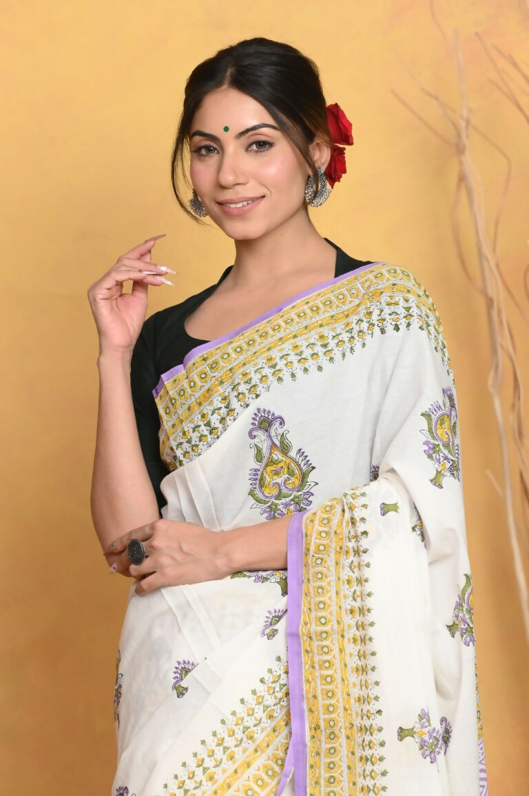 Very Much Indian Handblock Printed Cotton Saree With Natural Dyes - White