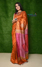 Very Much Indian Handwoven Raw Silk Dupion Saree - Orange With Pink Pallu