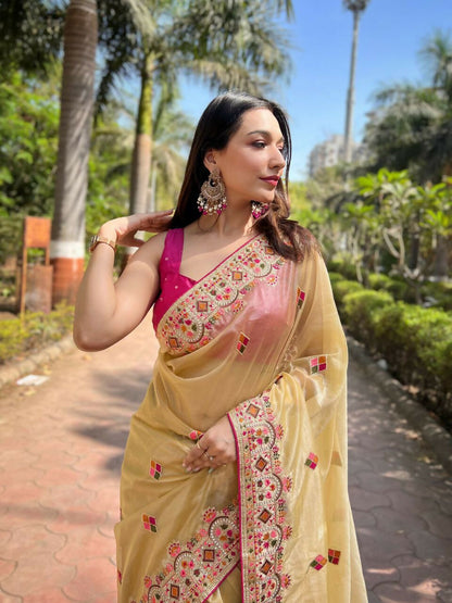 Vastranavya Twill Net Designer Embroidery & Colour Thread & Diamond work Saree with Blouse Material - Yellow