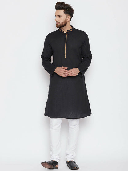 Even Apparels Black Color Pure Cotton Men's Kurta With Band Collar