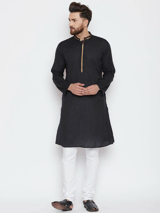 Even Apparels Black Color Pure Cotton Men's Kurta With Band Collar