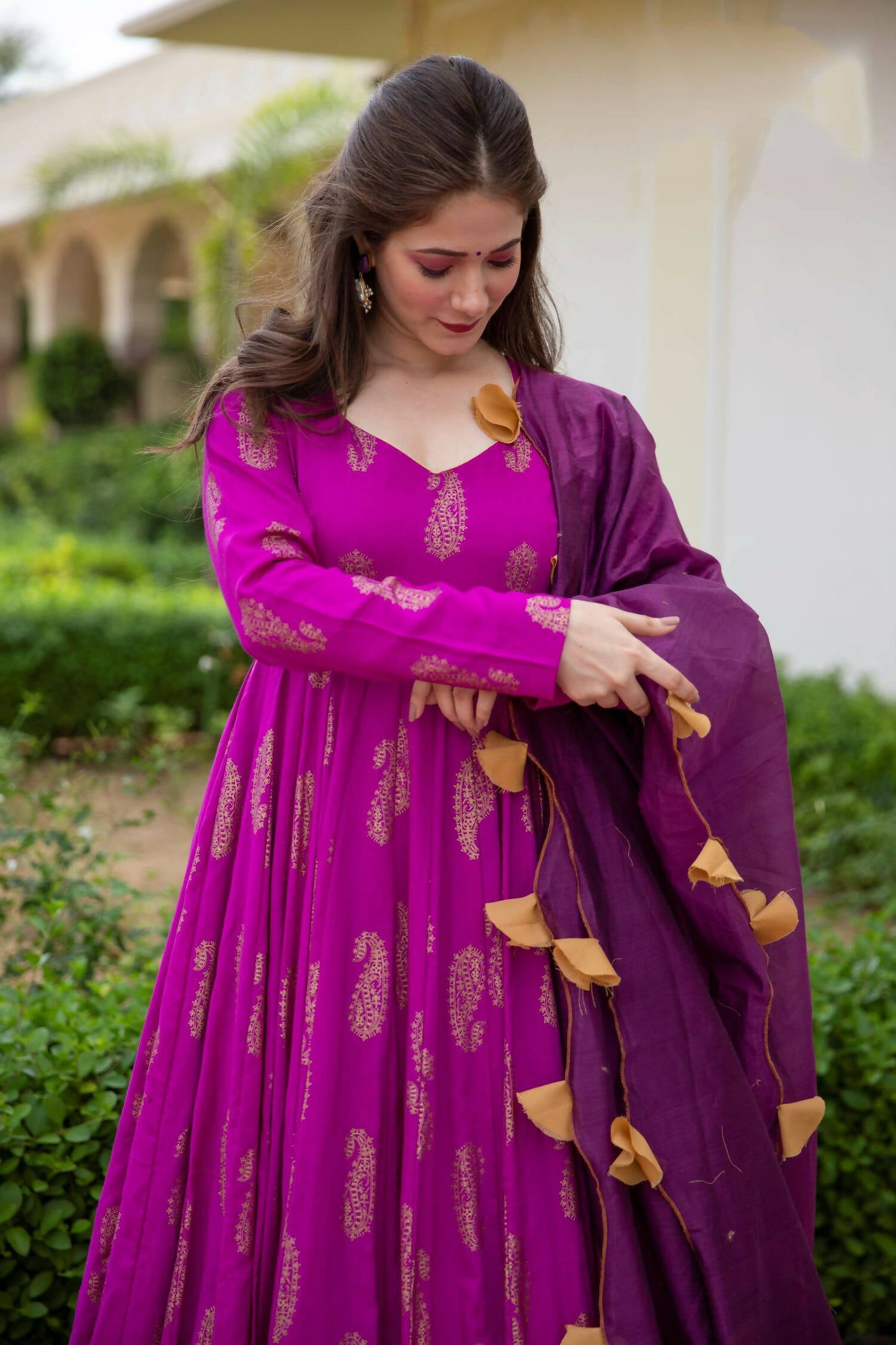 Purple Pure Reyon Gold Foil Work Stitched Suit With Dupatta - Anbazaar