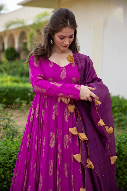 Purple Pure Reyon Gold Foil Work Stitched Suit With Dupatta - Anbazaar