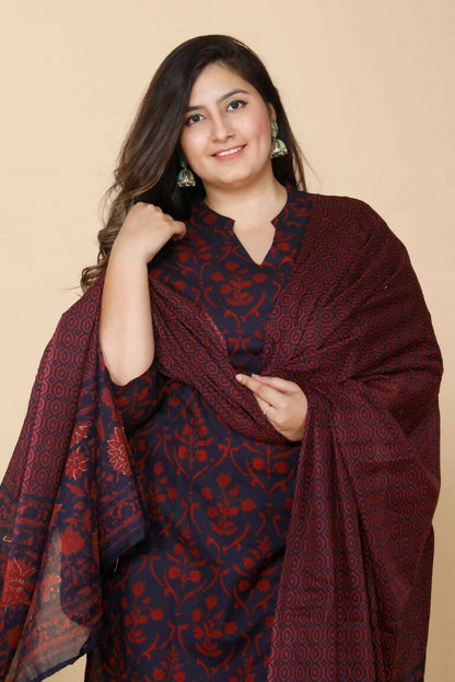 Miravan Women's Maroon Plus Size Floral Pure Cotton Kurta With Sharara And Dupatta Set