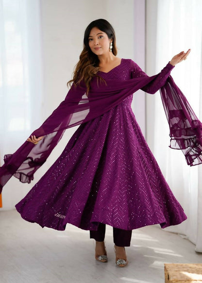Teeya Creation Wine Color Heavy Embroidery Work Georgette Fabric Wedding Wear Gown