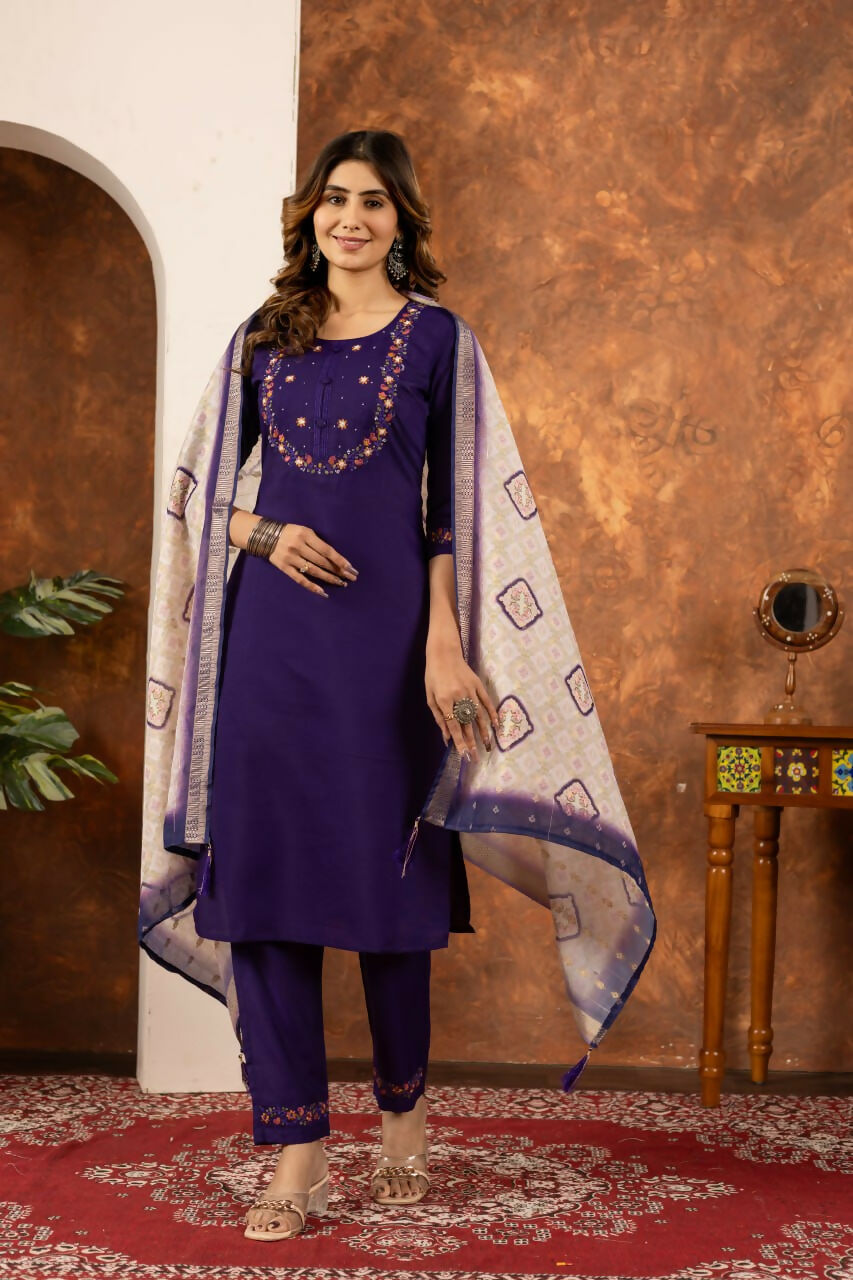 Purple Embroidered Pakistani Straight Kurti with Pant by Infinity Export