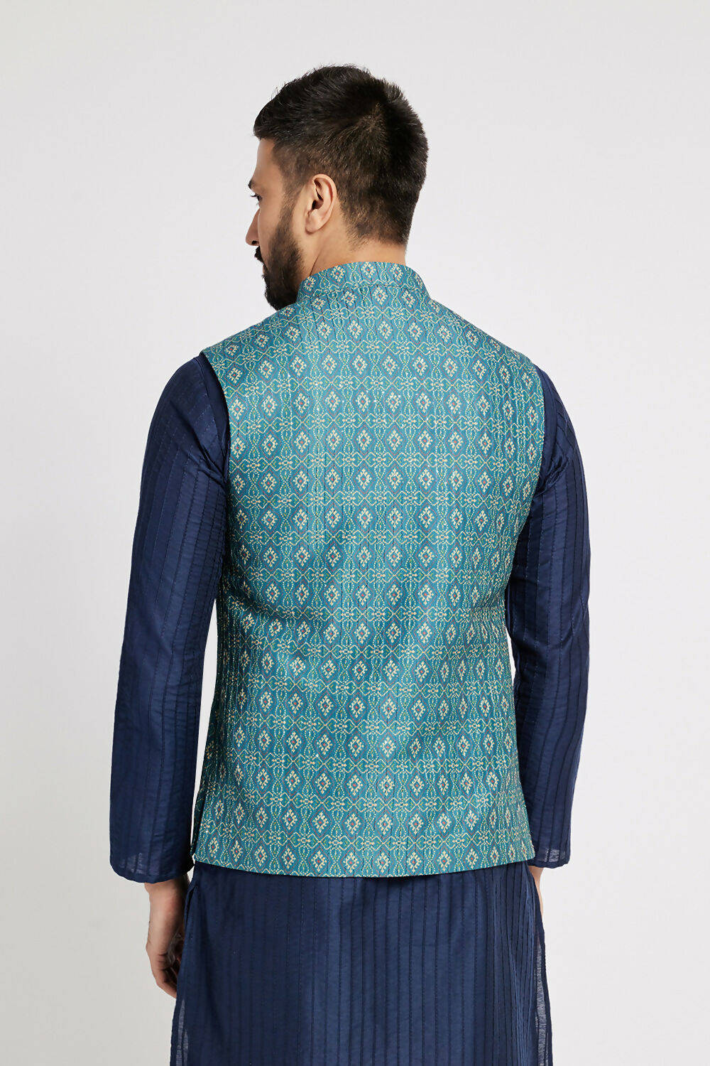 Ethnic India Indigo Blue Bundi Men's Jacket Geometric Polyester